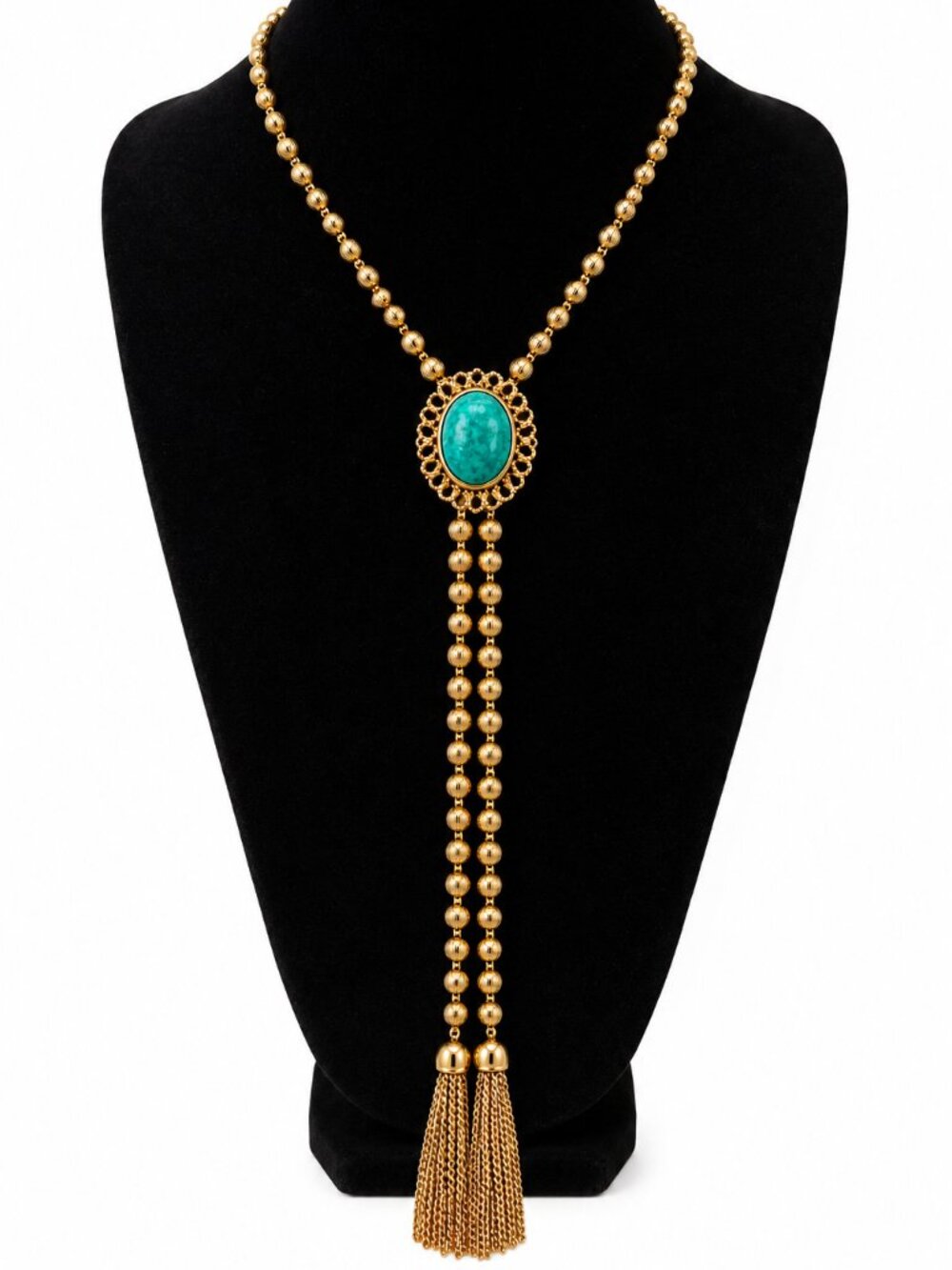 Vintage AVON Green Cabochon Gold Tone Lariat Y Necklace Tassel